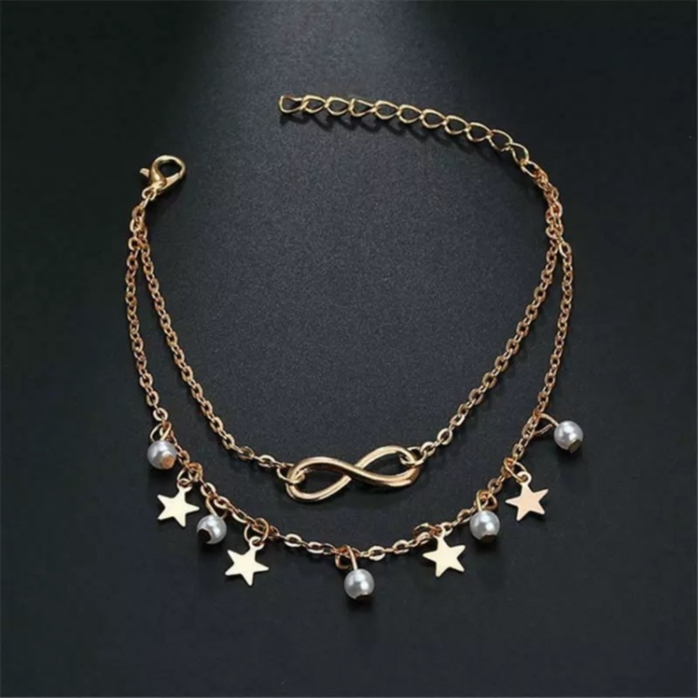 Infinity Pearl Star Boho Gold Toned Anklet - Picture 4 of 4
